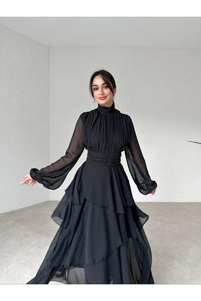 Riche Rochie neagră din șifon Midi de damă