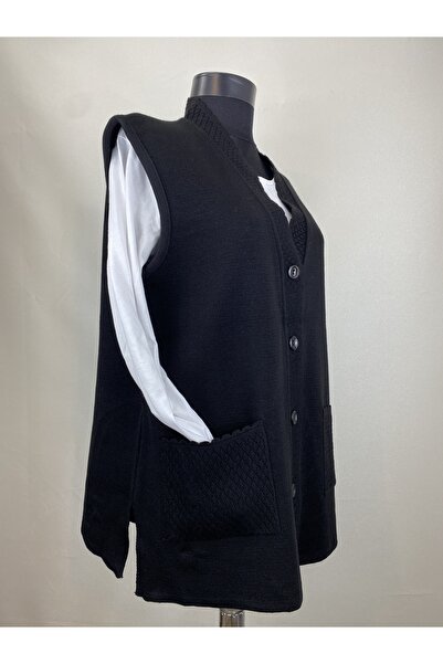 ECALAMODE Mother Short Buttoned Black Sleeveless Knitwear Vest with Pockets