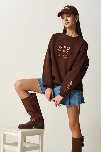 Happiness İstanbul Women's Brown Heart Embroidered Rose Gold Sweatshirt OW00004
