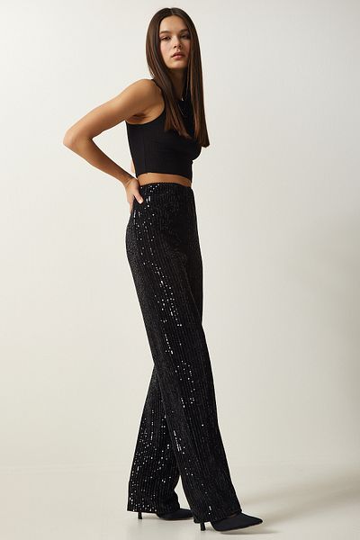 Happiness İstanbul Women's Black Sequined Palazzo Trousers MC00250
