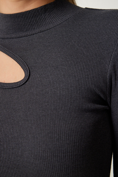 Happiness İstanbul Dámská antracitová pletená halenka se šňůrkou GT00065