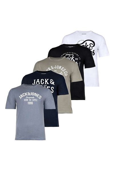 Jack & Jones JACK&JONES Herren T-Shirt, 5er Pack - JJLEOGRA TEE CREW NECK, Kurzarm, Rundhals, Baumwolle,