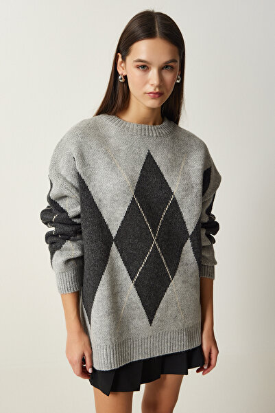 Happiness İstanbul Női világosszürke prémium gyémánt mintás oversize kötöttáru pulóver FN03163