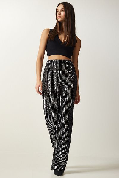 Happiness İstanbul Women's Gray Sequined Palazzo Trousers MC00250