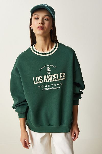 Happiness İstanbul Women's Green Embroidered Rose Gold Knitted Sweatshirt HF00447