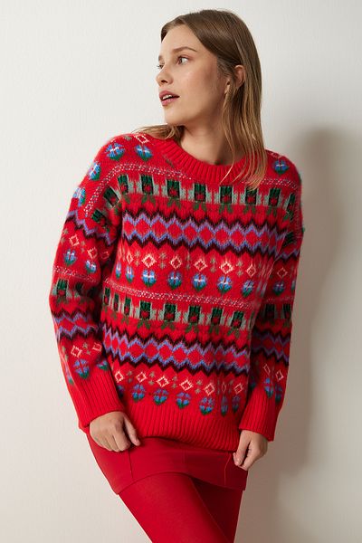 Happiness İstanbul Roter gemusterter Wollstrickpullover für Damen PF00056