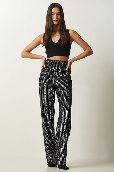 Happiness İstanbul Women's Gray Sequined Palazzo Trousers MC00250