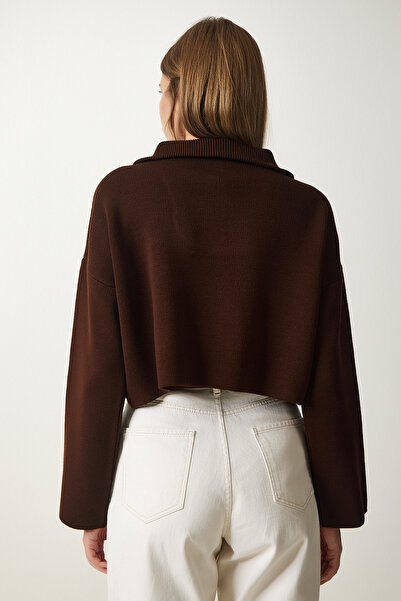 Happiness İstanbul Dámský hnědý svetr s límečkem na zip PF00055