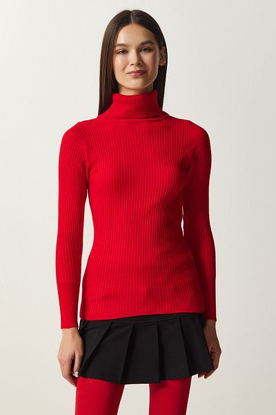 Happiness İstanbul Roter hochgeschnittener gerippter Lycra-Pullover für Damen DD01007