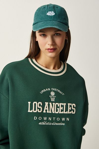 Happiness İstanbul Women's Green Embroidered Rose Gold Knitted Sweatshirt HF00447