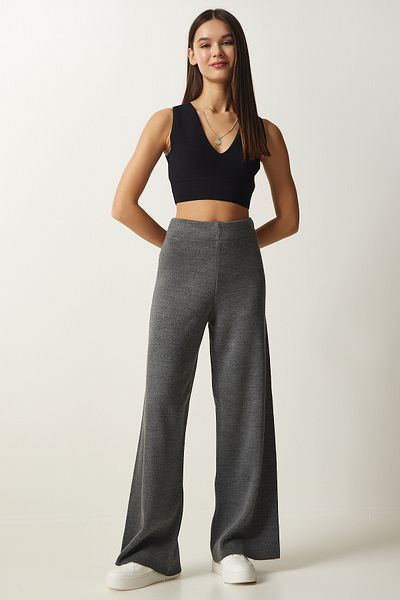Happiness İstanbul Women's Gray Wide Leg Thick Knitwear Trousers YG00102