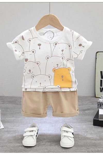 Bubito Hello Bears Patterned Baby Kids Cotton Summer Shorts Set Tile