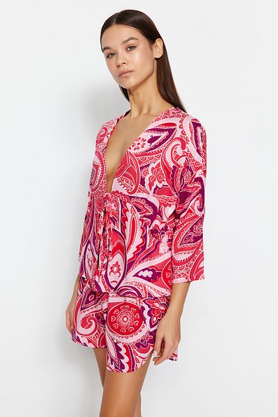 Trendyol Collection Fuchsiový viskózový pyžamový set - Thmss23pt00165 se šněrováním, stuhou a detailem mašle
