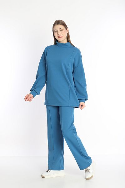 NEED LİFE Women's Blue Double Cotton Fabric Hooded Comfortable Fit Stand Collar Tunic Tracksuit Set - Nd 2356