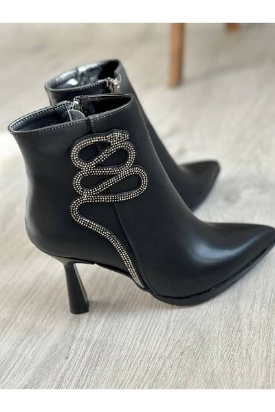 SHOEBOURNE Μαύρα δερμάτινα αξεσουάρ Snake Γυναικείες μπότες με μυτερό τακούνι