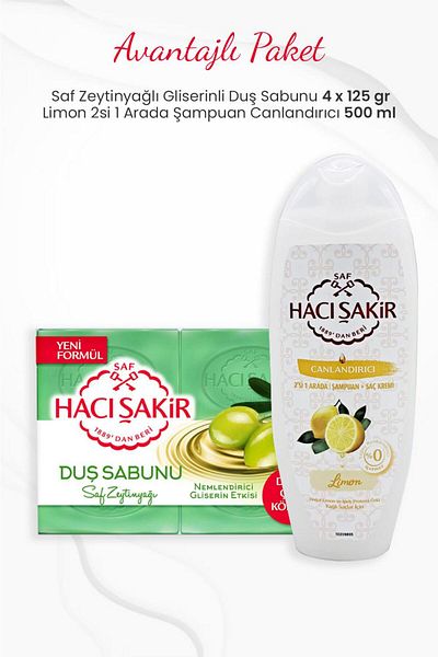 Hacı Şakir 4 Pack Pure Olive Oil Shower Soap and Lemon 2 in 1 Shampoo 500 ml