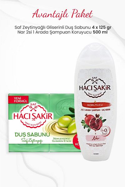 Hacı Şakir 4 Pack Pure Olive Oil Shower Soap and Pomegranate 2 in 1 Shampoo 500 ml
