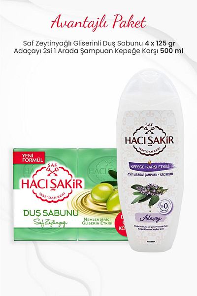 Hacı Şakir 4 Pack Pure Olive Oil Shower Soap and Sage 2 in 1 Shampoo 500 ml