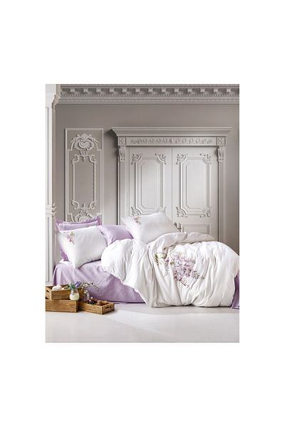 ŞENER HOME Set cuvertură de pilota din satin dublu brodat 3d Cottonbox Mita Lila