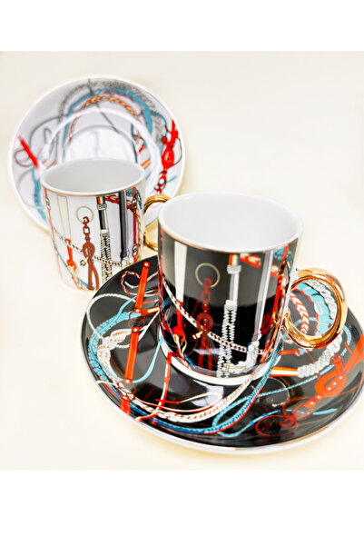 GÖNÜL İKİ KİŞİLİK FİNCAN TAKIMI ZİNCİR SİYAH BEYAZ