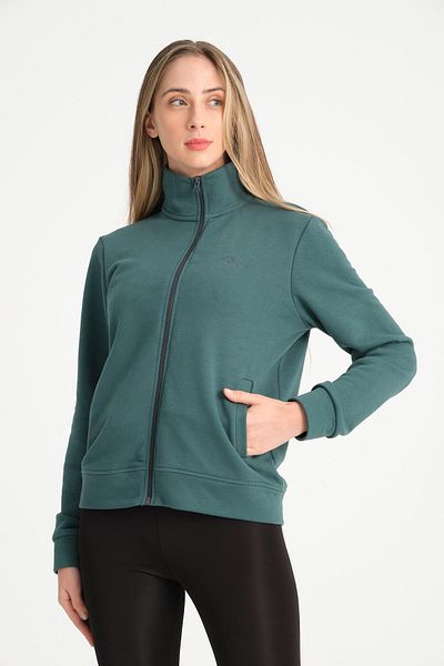 COOLHILL Hanorac de damă cu guler stand brodat cu fermoar complet verde închis