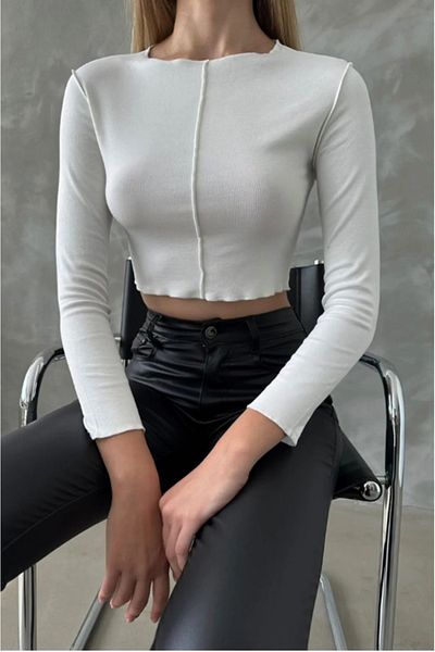 MADAME MELEK Μακρυμάνικο εκρού Crop με ραφές και Lycra