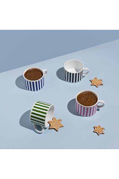 Vivas Striped Pattern Set of 4 Mixed Color Small Mug, double Turkish coffee cup, coffee mug, coffee mug