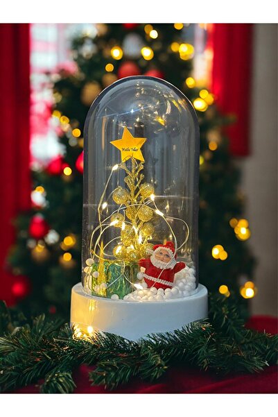 Lapidaria Büyük Boy Noel Baba Temalı Yılbaşı Süslü Peri Led Işıklı Fanus ve Mavi Kartanesi Kolye