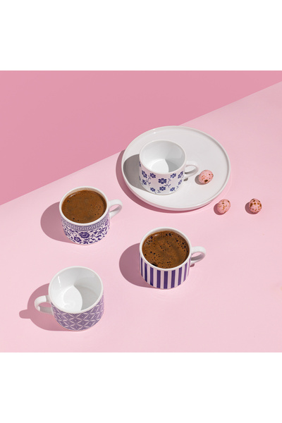 Vivas Mavi Beyaz Desen 4'lü Set Küçük Kupa, Double Türk Kahve Fincanı, kahve fincanı, kupa bardak