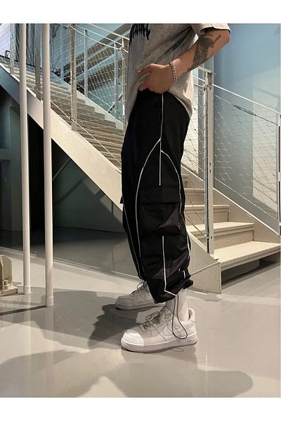 Violon Parachute Style Black and White Baggy Summer Fabric Elasticated Adjustable Leg Trousers