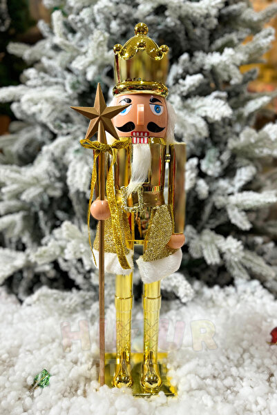 Huzur Party Store 60 Cm Nutcracker Metallic Gold Colored Lead Soldier Handmade Christmas Ornament with Openable and Closable Mouth