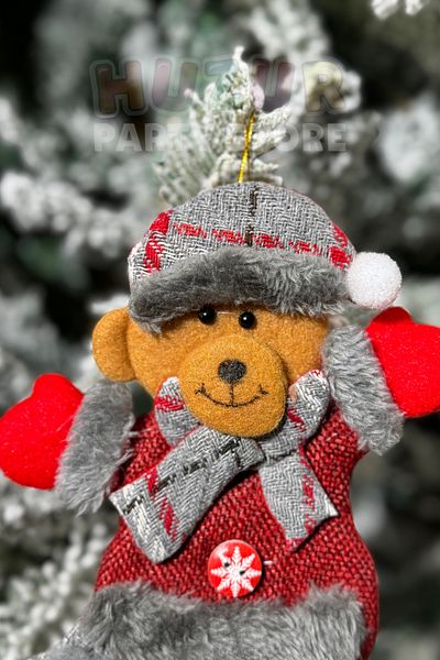 Huzur Party Store Plush Cute Teddy Bear Christmas Tree Hanging 18 cm Ornament Red Gray