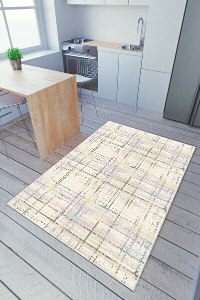 10 Post Online Mutfak Halısı Bej Mor Dijital Baskı Yolluk Kaymaz Yuvarlak Ova...