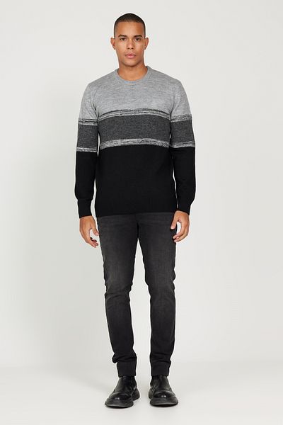 ALTINYILDIZ CLASSICS Men's Grey-Black Standard Fit Regular Cut Crew Neck Knitwear Sweater