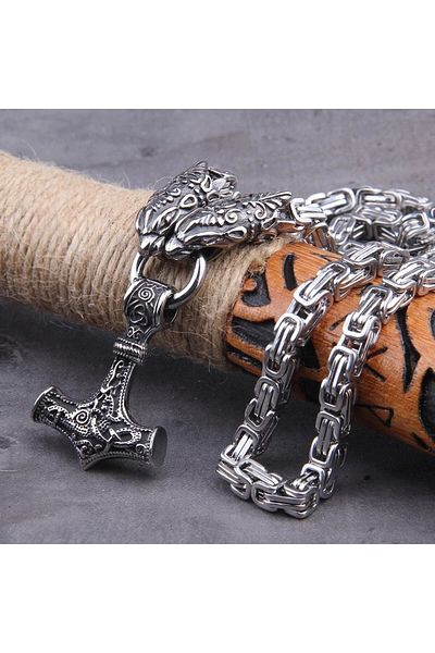 Viking Dragon Head Scandinavian Motif Gray Thor Mjollnir & King Chain 316l Men's Steel Necklace