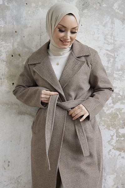 InStyle Παλτό με ριγέ μοτίβο Simon με ζωσμένο κασιού - Καφέ