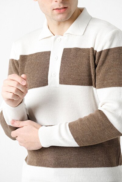 F&K Örme 81100 Плетен пуловер с райета и поло яка