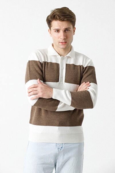 F&K Örme 81100 Плетен пуловер с райета и поло яка