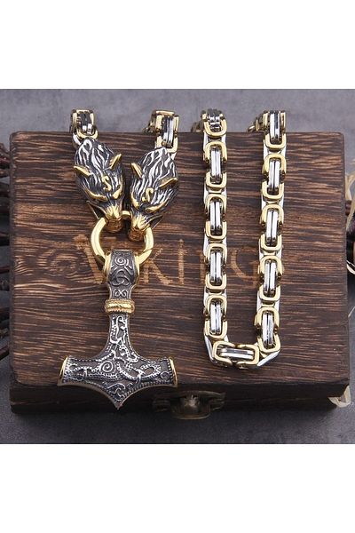 Viking Wolf Head Scandinavian Motif Thor Mjollnir & King Chain 316L Steel Necklace