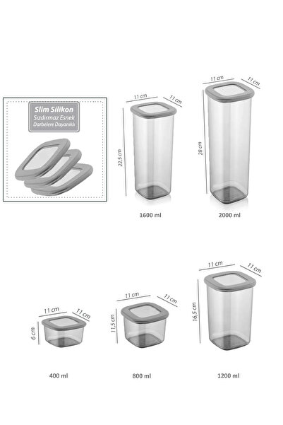 Eynel 400 ml Gri Kare Saklama Kabı Silikon Kapak Hava Geçirmez Kuru Baklagil Kahve Bakliyat Makarna Kutu