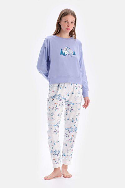 Dagi Set de pijamale cu detaliu cu imprimeu albastru deschis