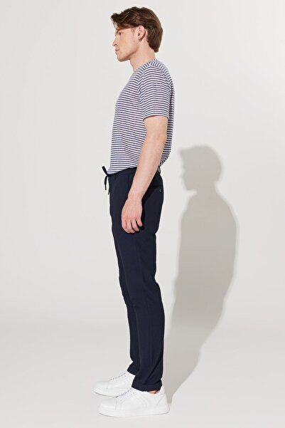 ALTINYILDIZ CLASSICS Férfi sötétkék karcsú szabású Slim Fit Seersucker mintás rugalmas megkötős deréknadrág