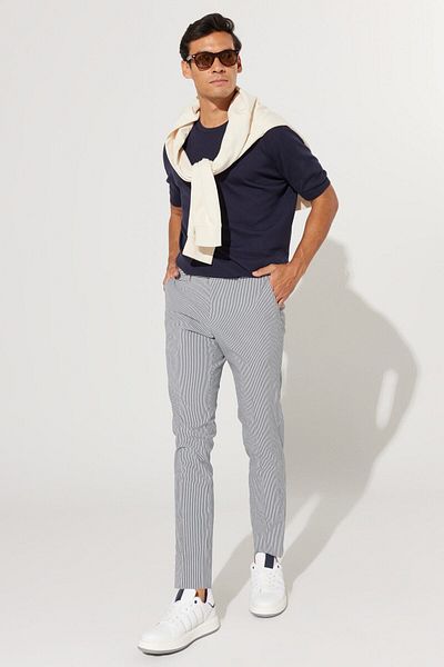 ALTINYILDIZ CLASSICS Pánské vzorované kalhoty Slim Fit Slim Fit Cotton Seersucker v námořnické modré