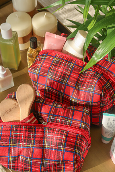 EDLIKE Red Checkered Special Organizer Travel Makeup Bag