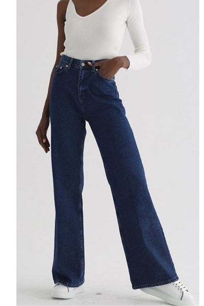 DRC trend Jameila Lycra Women's Navy Blue Super High Waist Loose Leg Denim Jeans Palazzo Pants