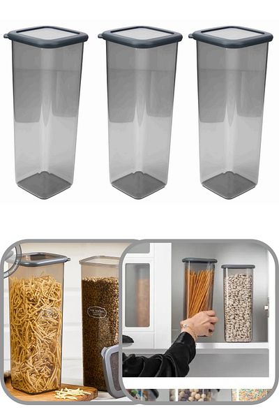 Eynel 2000ml Gray Square Storage Container Silicone Lid Airtight Dry Groceries Coffee Pulses Pasta Box