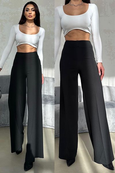 FEMELLE Pantaloni negri de damă, cu talie înaltă, cu fermoar lateral, cu picior lat din Lycra