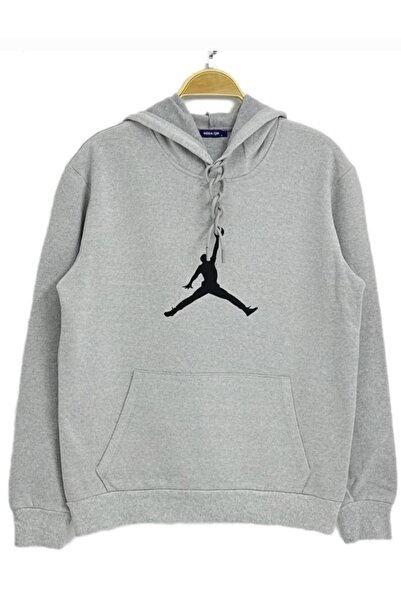 Moda Işık سويت شيرت رمادي اللون بغطاء رأس وجيب الكنغر وطبعة جوردان سوداء للجنسين