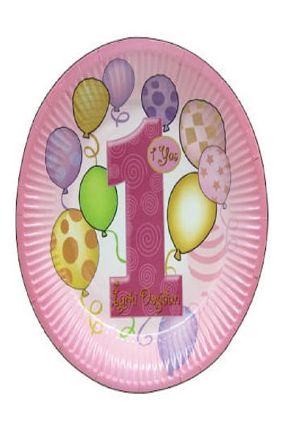 Kazanabil 8 PACK 1 YEAR OLD BIRTHDAY ROUND CARDBOARD PARTY PLATE PINK