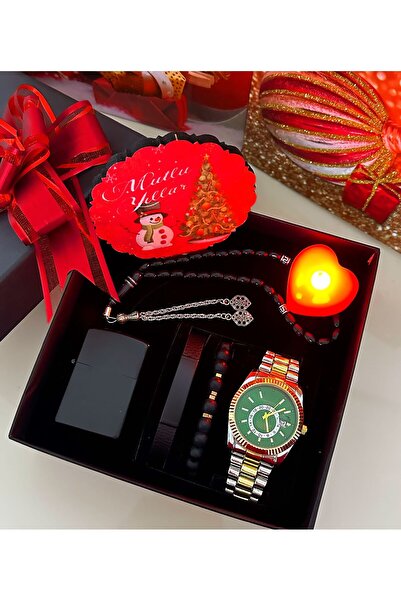 Has Erkek Yeşil Gold Saat Bileklik Çakmak ve Tesbih Hediyeli Kare Set Kutu